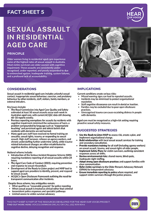 cover of Fact Sheet 5 - Sexual Assault in Residential Aged Care (Hear our Voices)