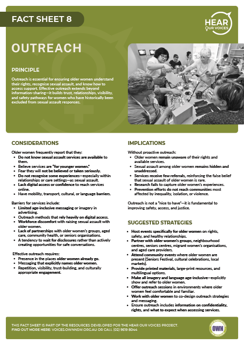 cover of Fact Sheet 8 - Outreach (Hear our Voices)