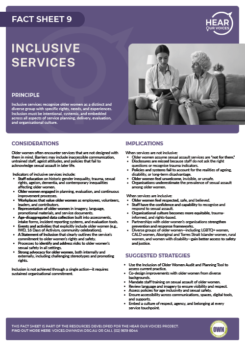cover of Fact Sheet 9- Inclusive Services (Hear our Voices)