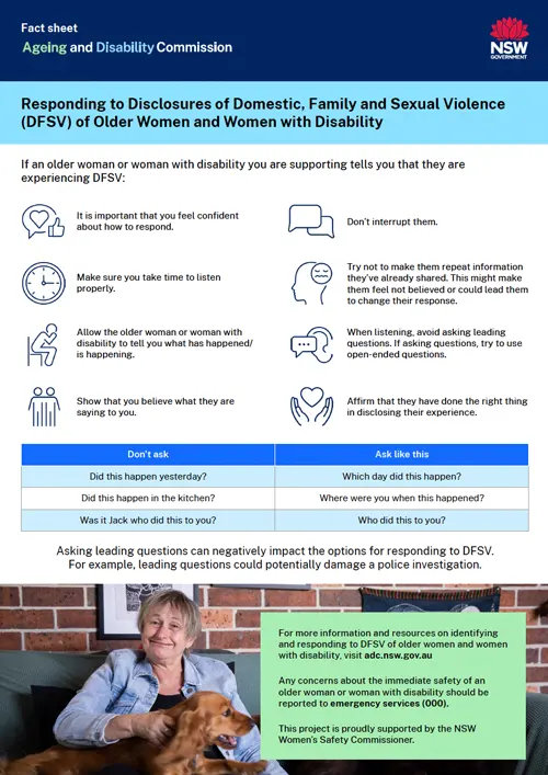 fact sheet on Responding to Disclosures of Domestic, Family and Sexual Violence (DFSV) of Older Women and Women with Disability