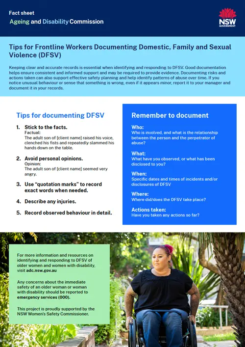 Fact sheet on tips for documenting Domestic, Family and Sexual Violence