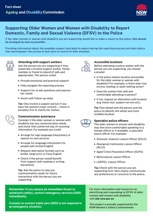 Fact sheet on Supporting Older Women and Women with Disability to Report Domestic, Family and Sexual Violence (DFSV) to the Police